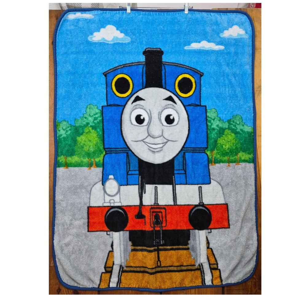 Vintage Thomas the Tank Engine Blue Plush Fleece Throw Blanket Bedding Traincore